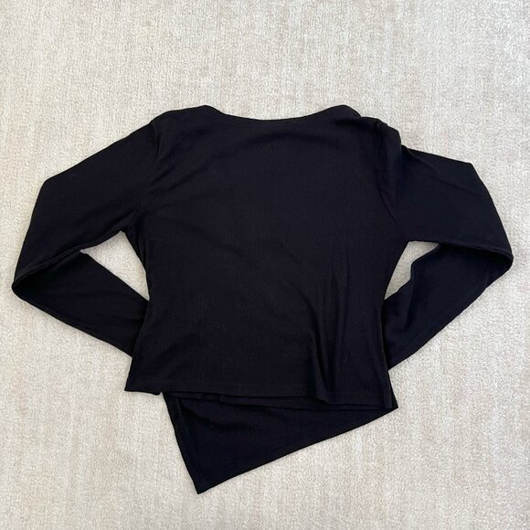 Oak + Fort Long Sleeve Black Faux Wrap Ribbed Knit Top M Asymmetric - Picture 4 of 9